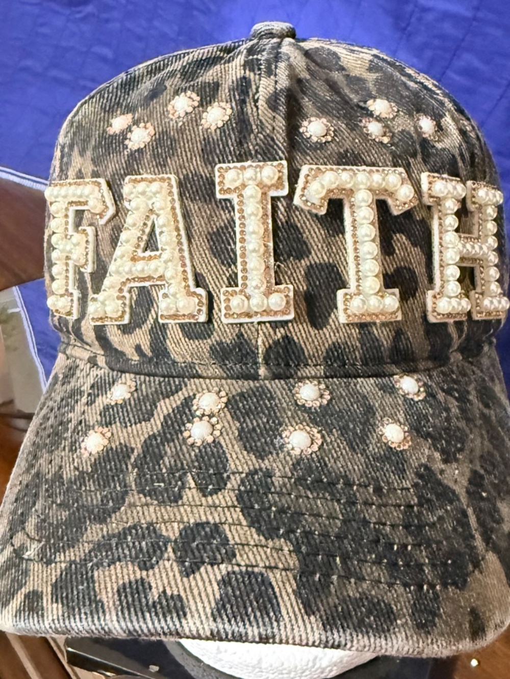 Faith Pearl & Rhinestone Leopard Print Cap - Picture 2 of 3
